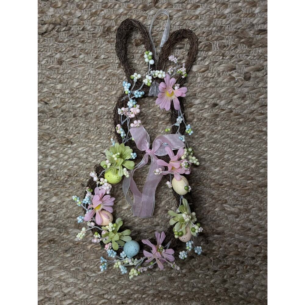 Easter Bunny Shaped Holiday Wreath with Eggs & Satin Ribbon Bow Door Decor 19"